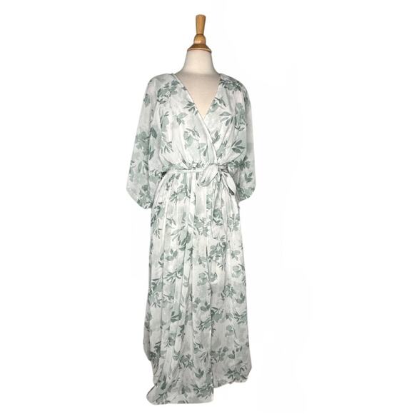 Baltic Born Sage Green Leaf Printed Wrap Maxi Dress Belted Flowy Boho Bohemian - Picture 1 of 4